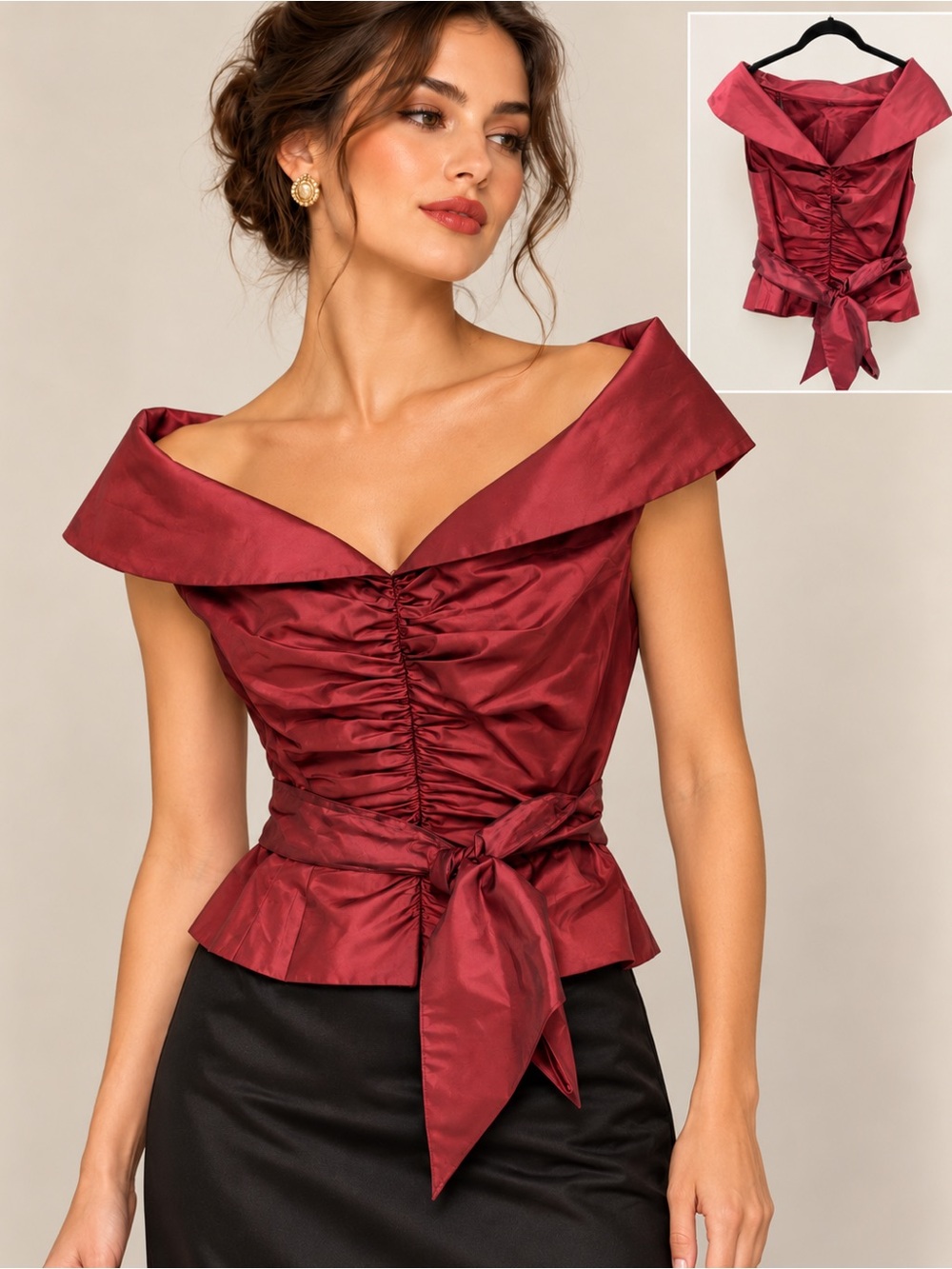 Vintage 90s Chetta B 100% Silk Oxblood Ruched Formal Top Dark Romantic Holidays